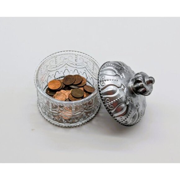 Decorative Small Clear Resin Storage Jar W/Ornate Silver Lid For Jewelry & More - Picture 3 of 7